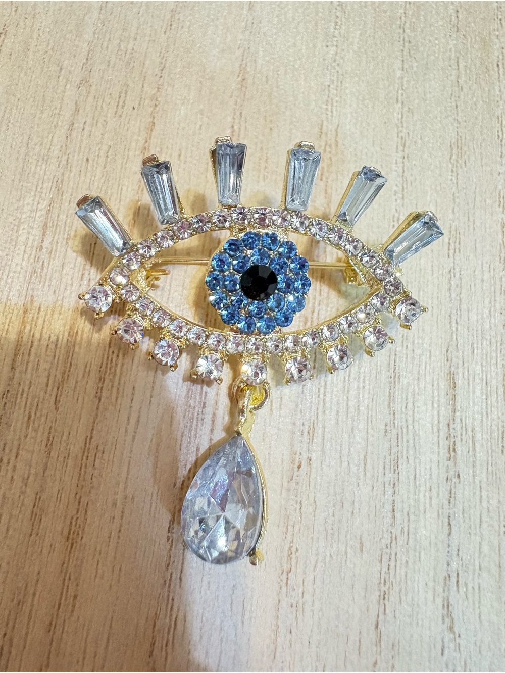 Gold-Tone Blue Crystal Evil Eye Brooch Pin
